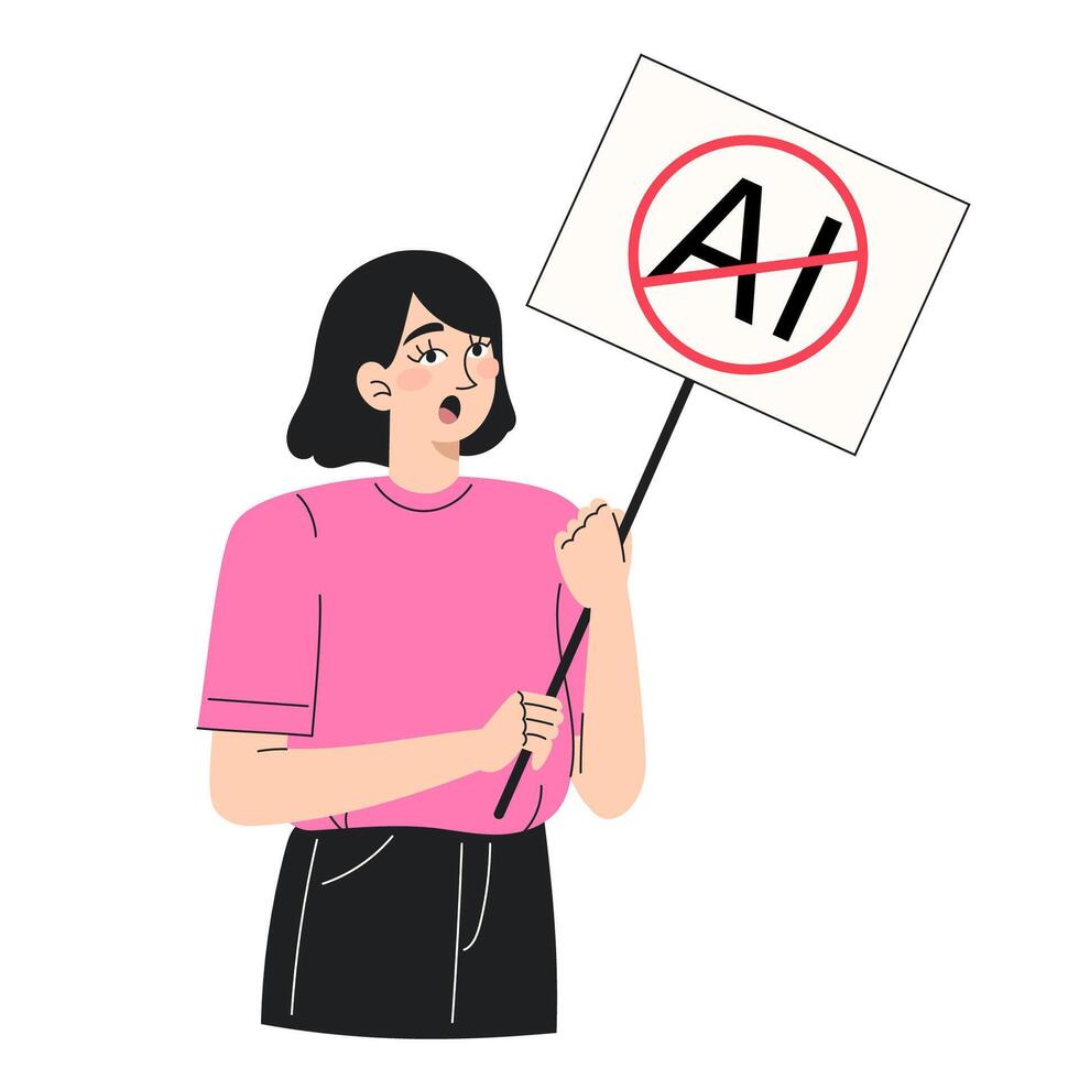 Young woman protesting with Against AI sign flat style illustration symbolising anti-AI art activism vector
