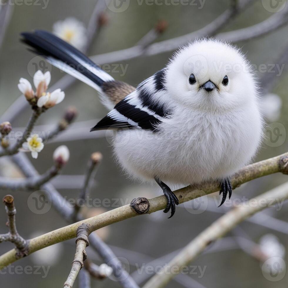 A Japanese tit perched on a flowering branch is a fluffy white bird in the spring wilderness of Hokkaido. photo