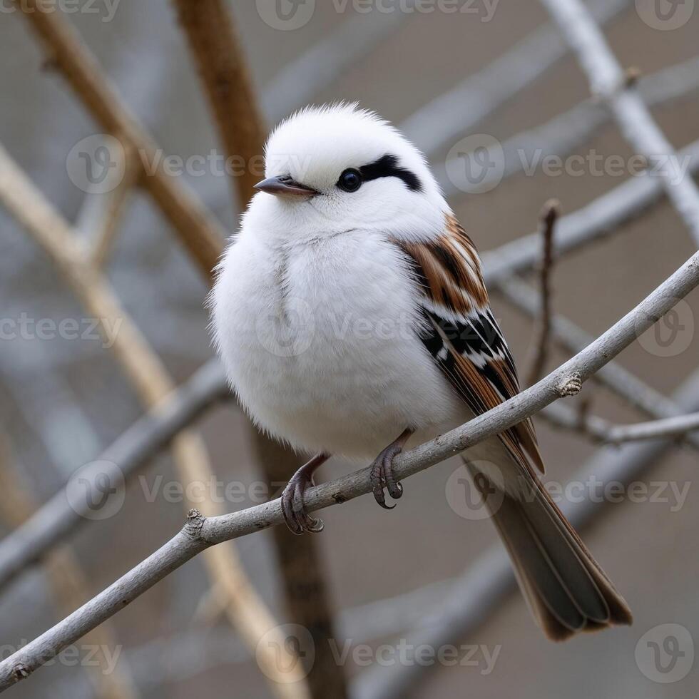 A Japanese tit perched on a branch is a fluffy white bird in the spring wilderness of Hokkaido. photo