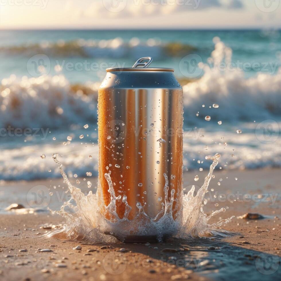 The unbranded Sunny Beach drinks can is a hyper-realistic cinematic scene with ocean waves and a warm golden glow. photo