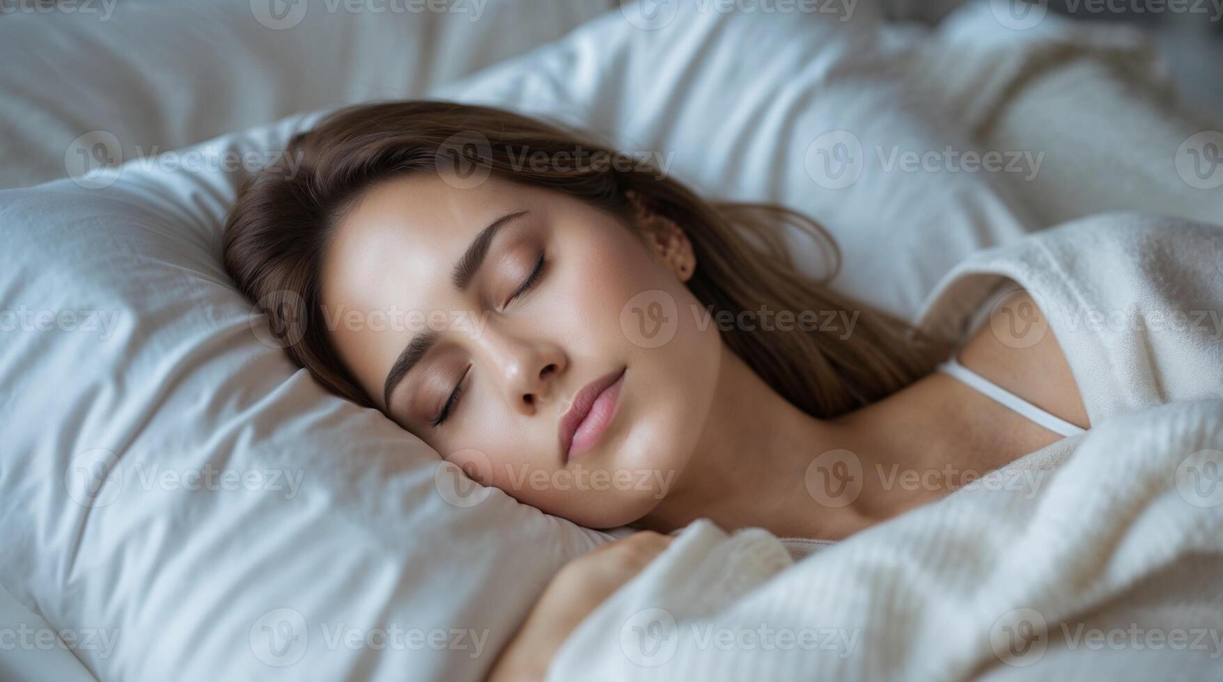 Calm woman sleeping peacefully in bed - soft neutral tones and a calming atmosphere for wellness concepts. photo