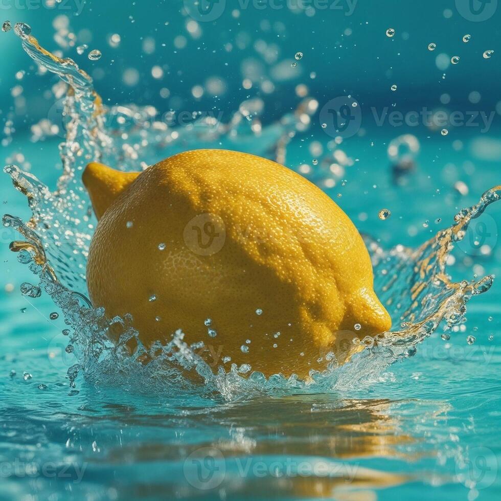 A large lemon fruit falls into the water, creating a spectacular splash. photo