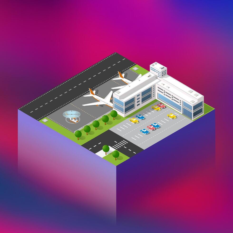 An airport building with a plane on the runway vector