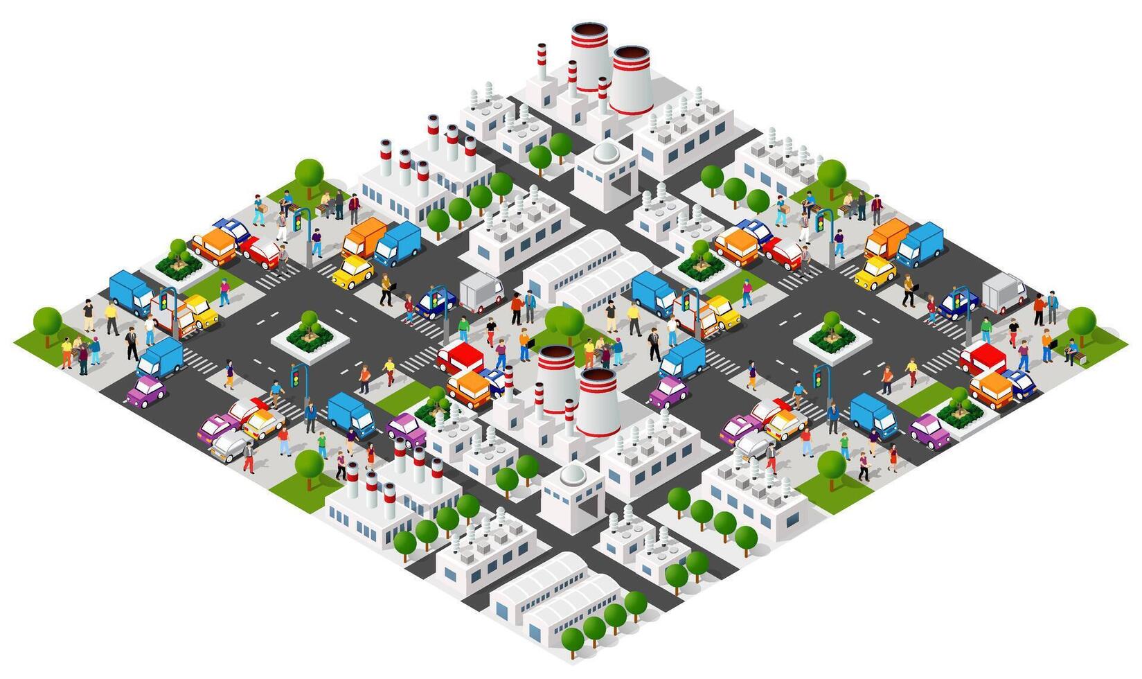 Isometric city with factories, factories, and people vector