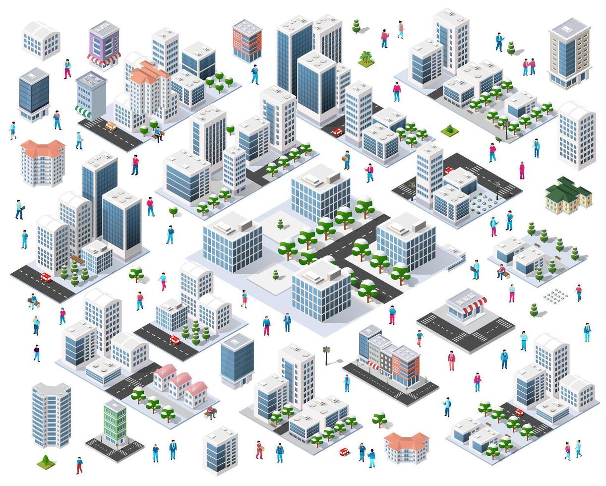Isometric city with people and set buildings vector