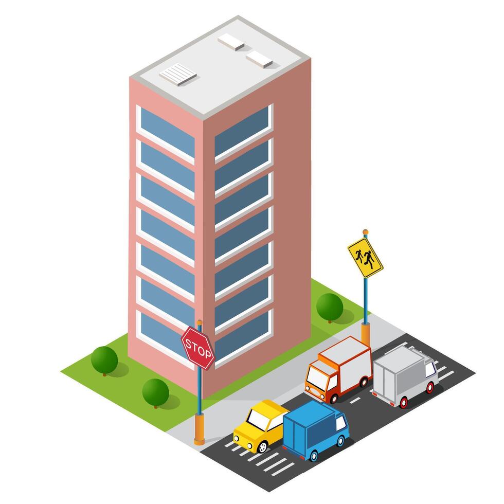 Isometric city building with traffic and cars vector