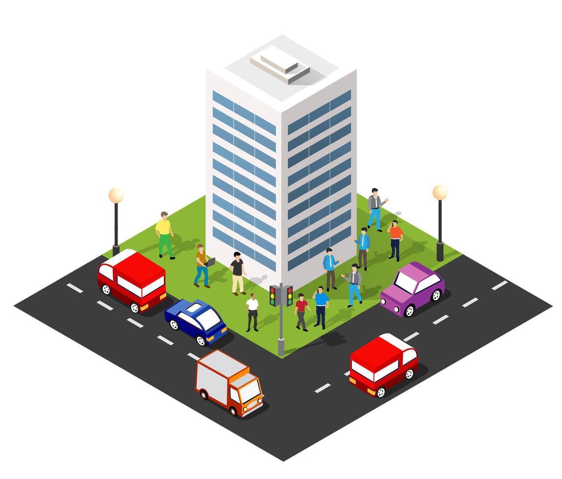Isometric city with people and cars in front of tall building vector