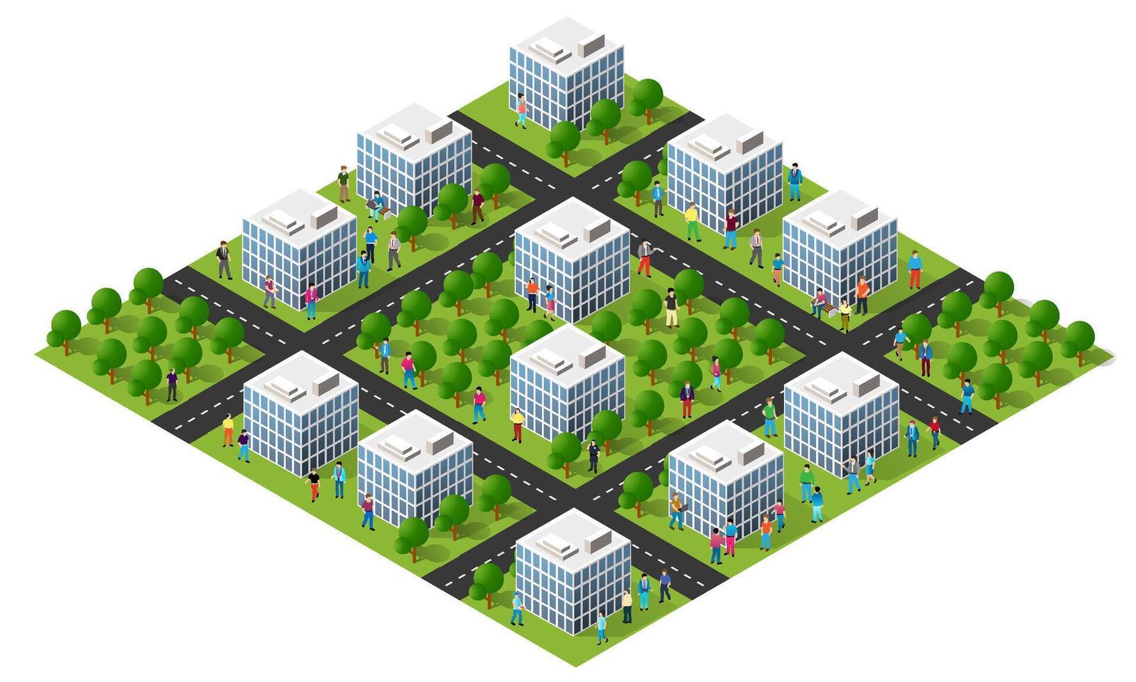Isometric city with people and trees on the street vector