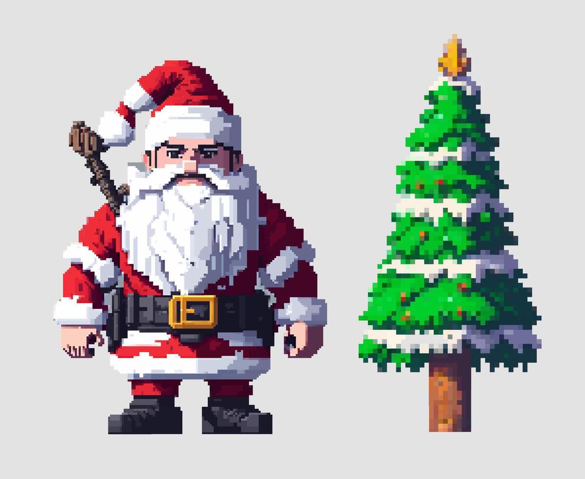 Pixel santa claus and christmas tree vector