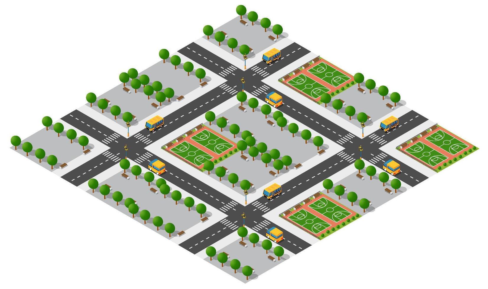 Isometric city street with trees and cars vector