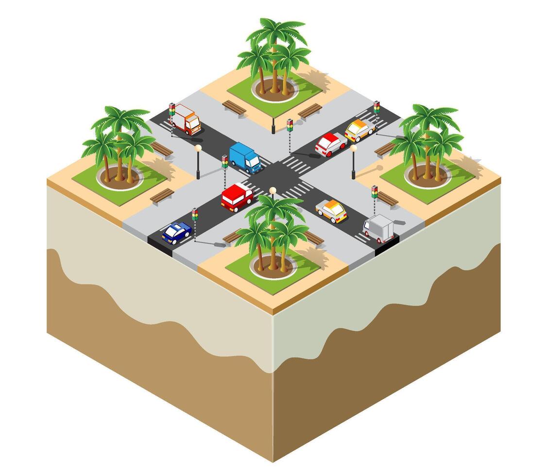 Isometric illustration of a city with palm trees and cars vector