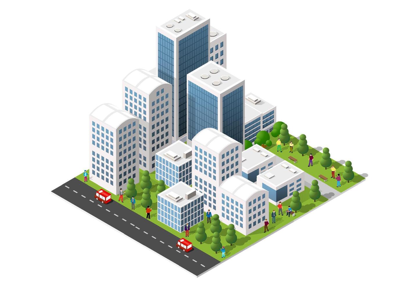 Isometric city with skyscrapers trees vector