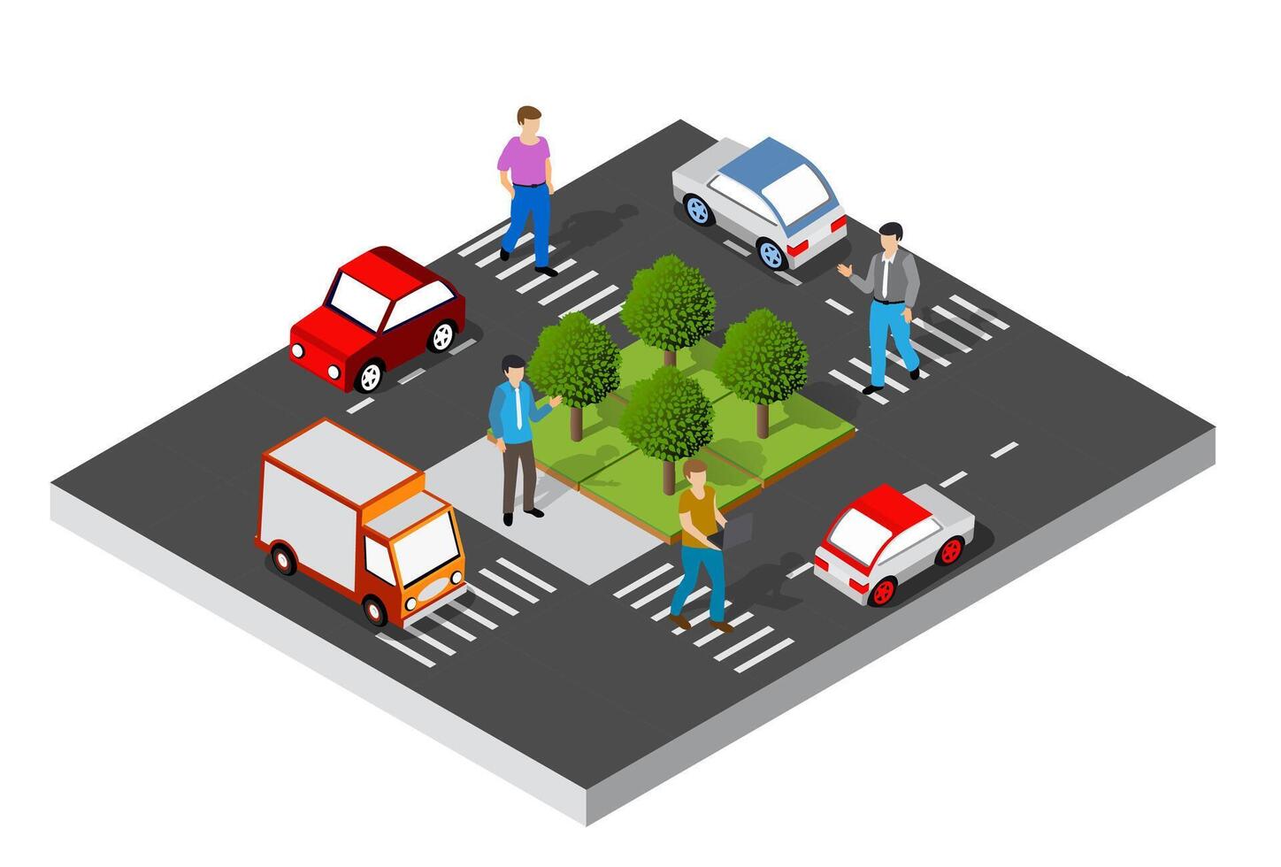 Isometric illustration of people and cars in a parking lot vector