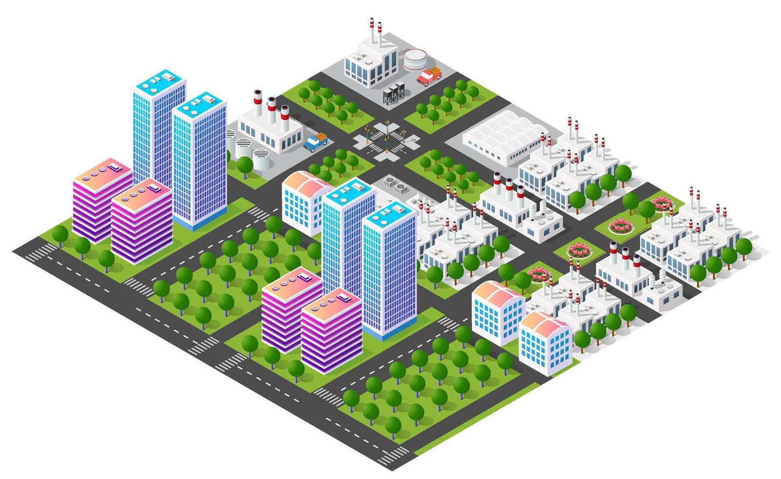 Modern isometric city with factories and skyscrapers surrounded by green trees vector