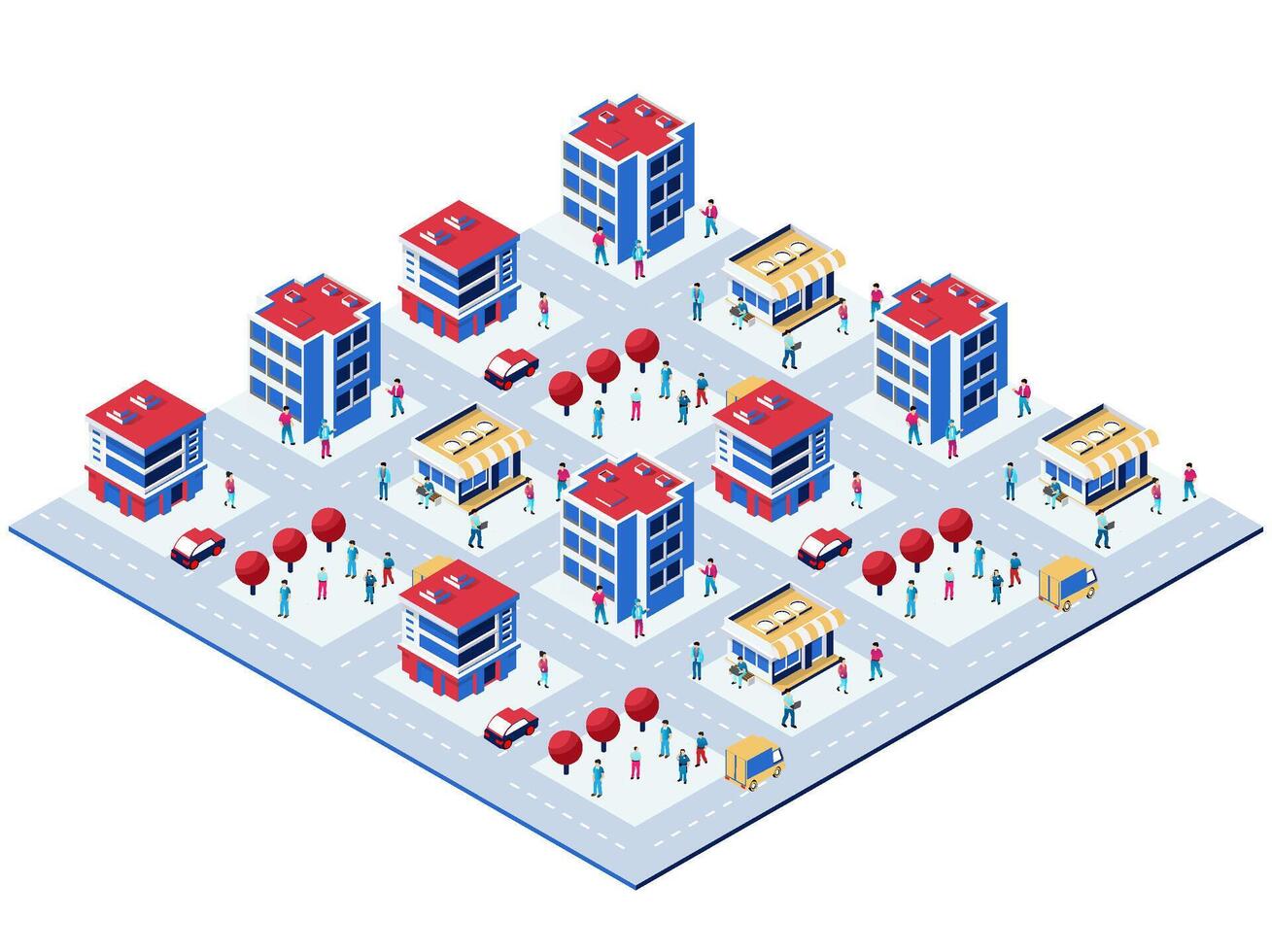 Isometric city with buildings and people vector