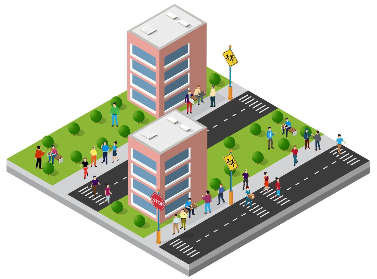 Isometric city with people walking on the street vector