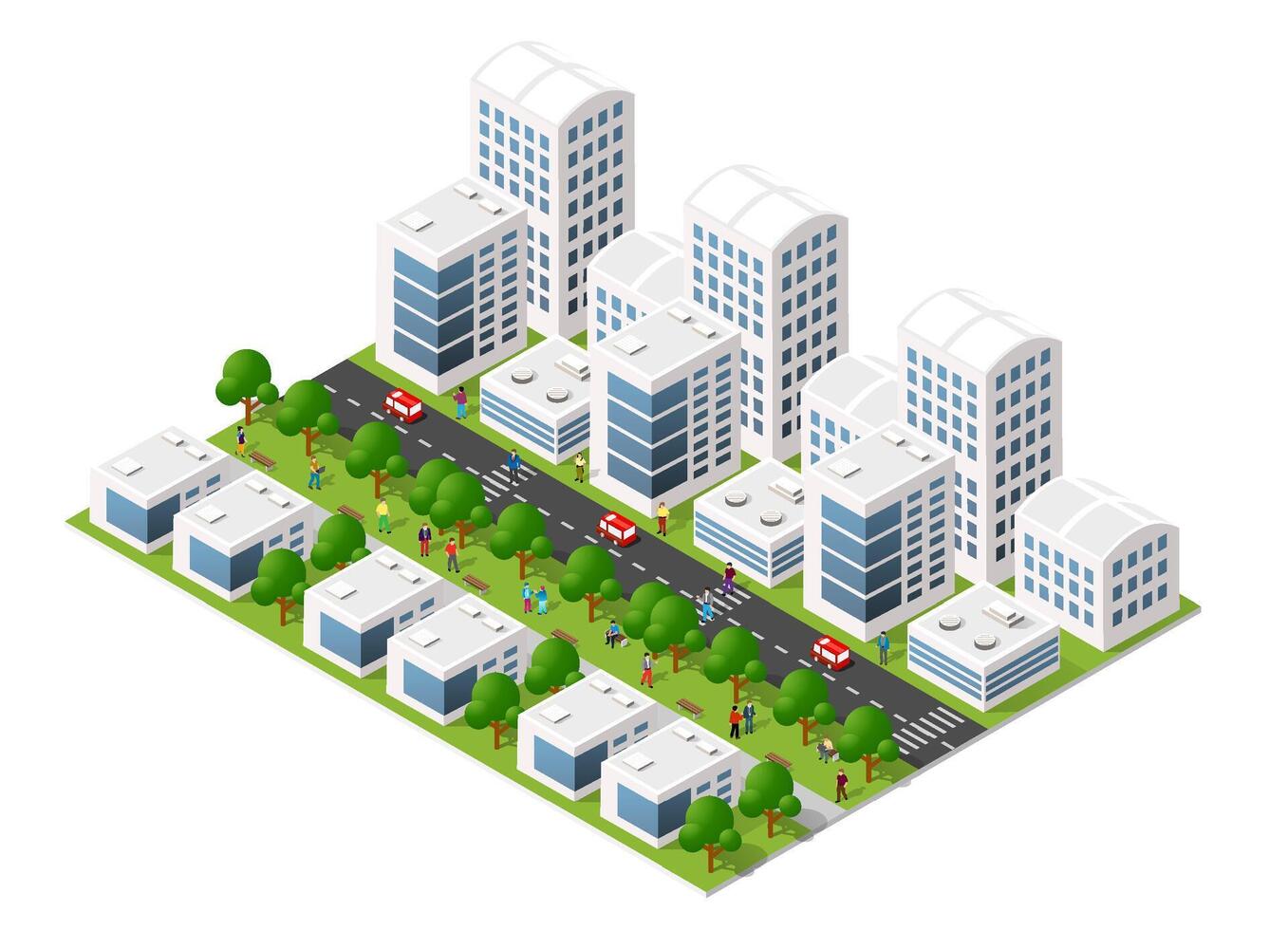 Isometric city set with buildings and trees vector