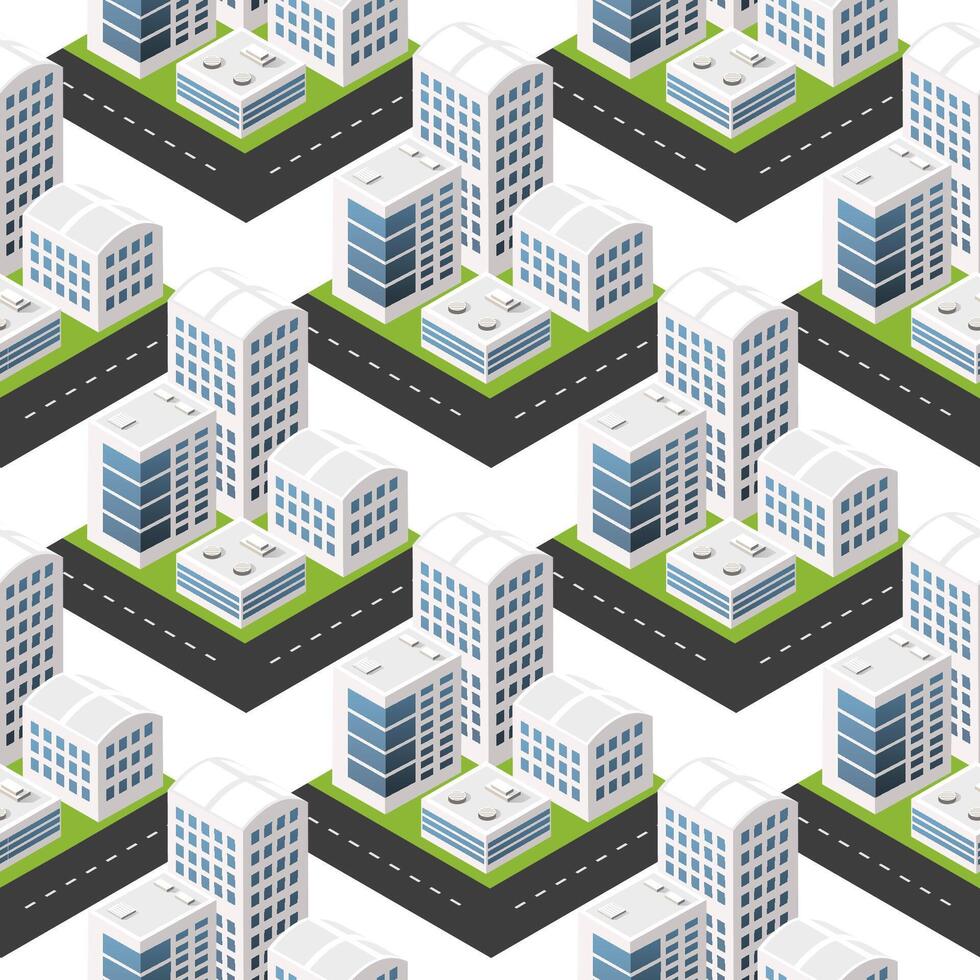 Isometric seamless pattern with buildings and roads vector