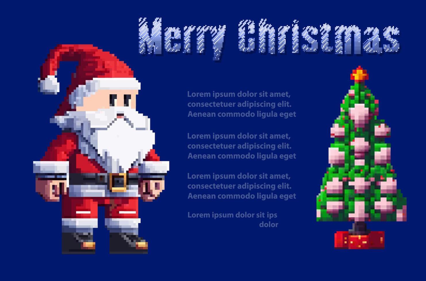Pixel santa claus and christmas tree on blue background vector