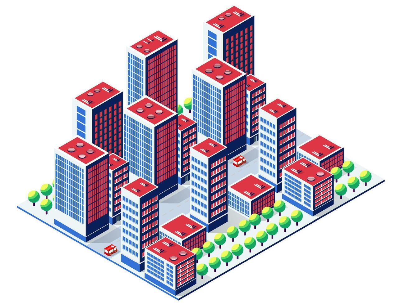 Modern isometric city center with skyscrapers and green trees vector