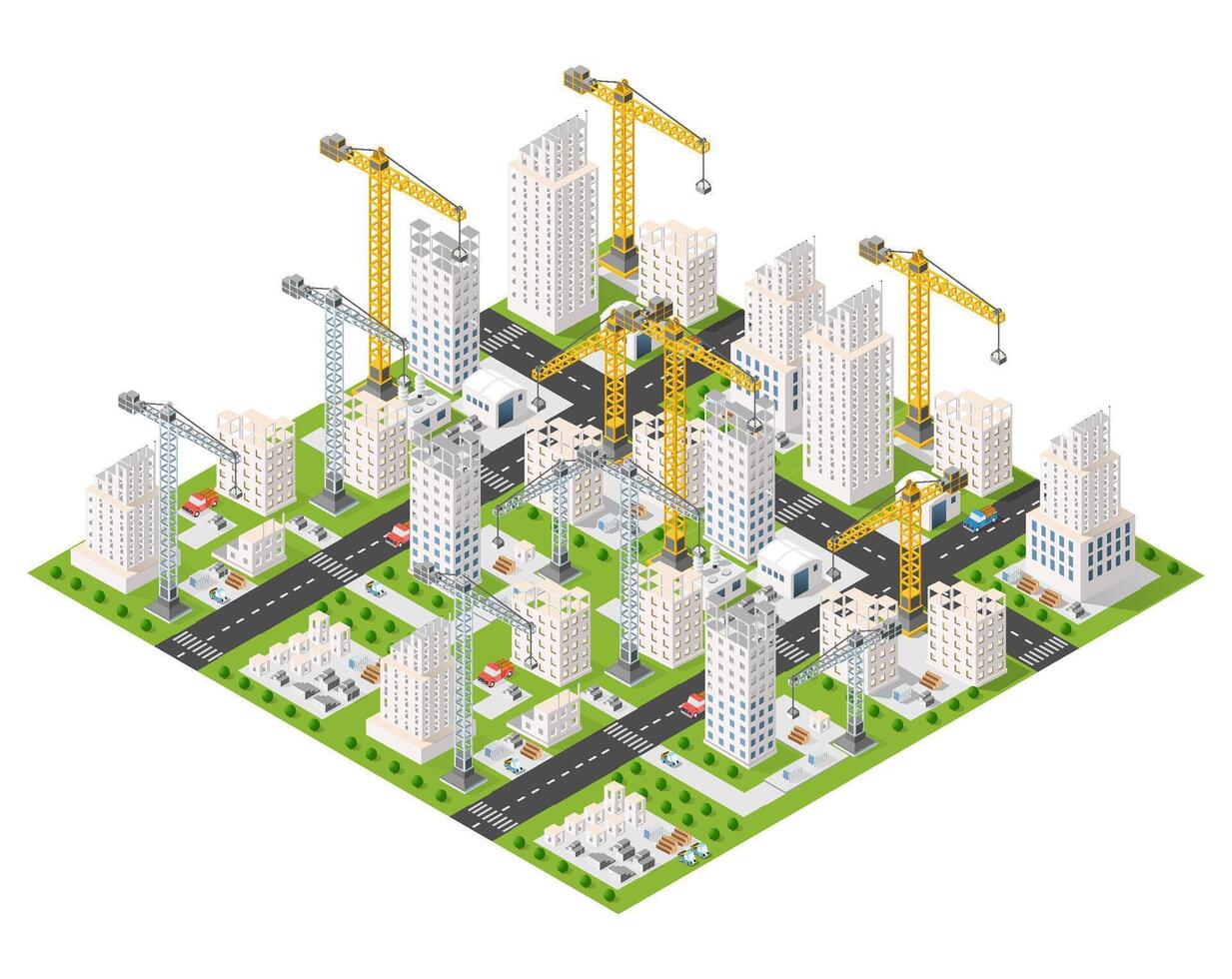Isometric city with construction cranes and buildings vector