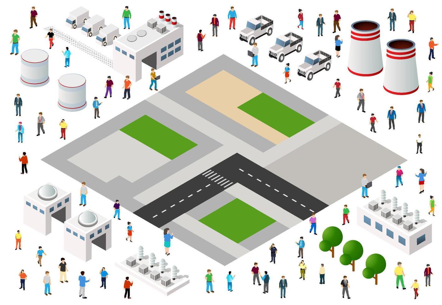 Isometric city with people and factories illustration vector