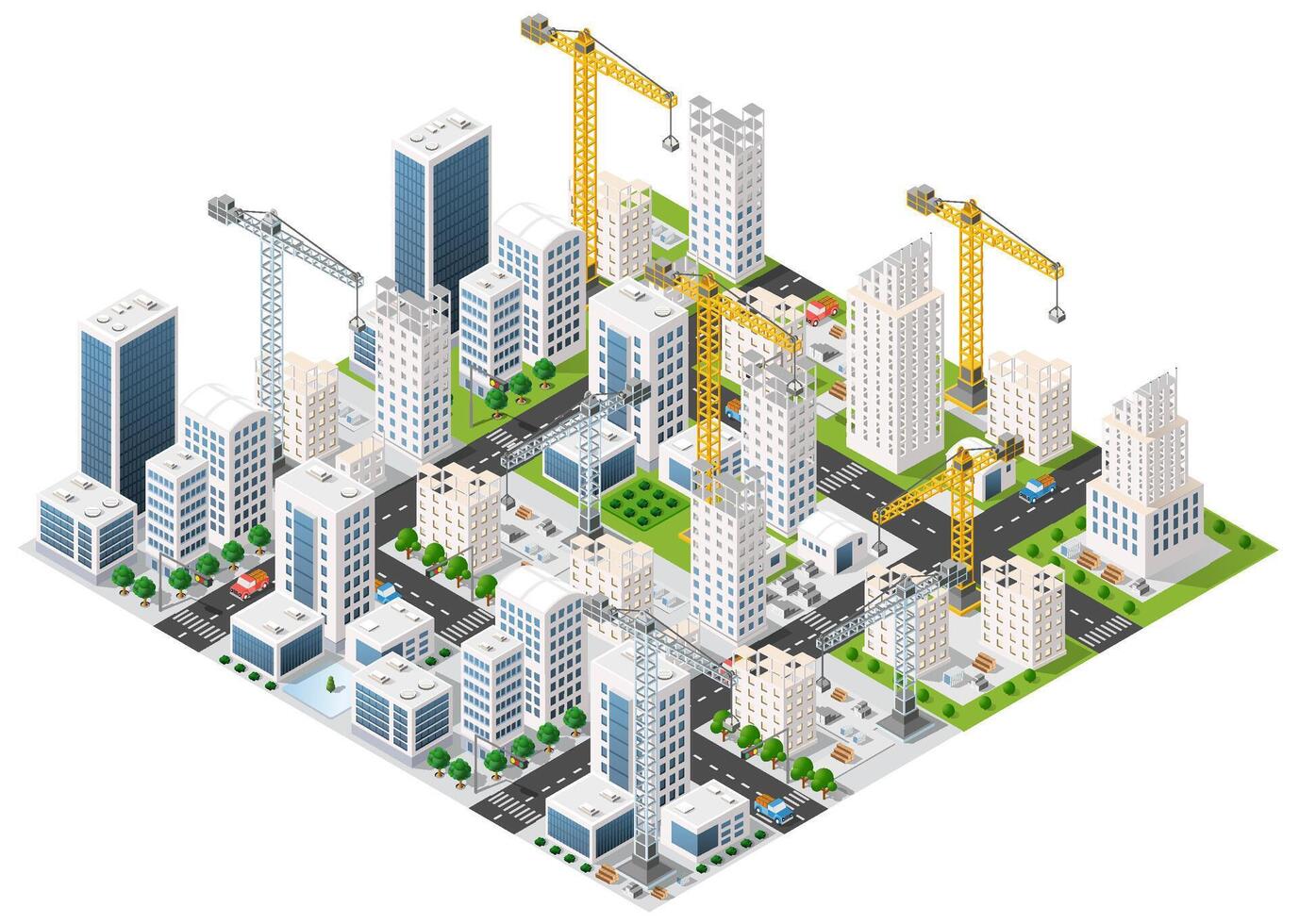 Construction cranes building modern skyscrapers in growing city center isometric view vector