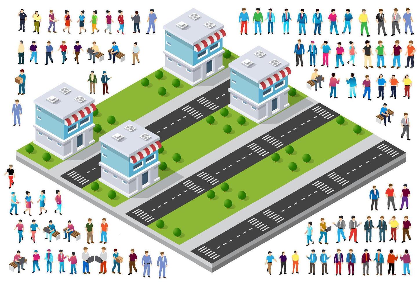 Isometric city street with people and buildings illustration vector
