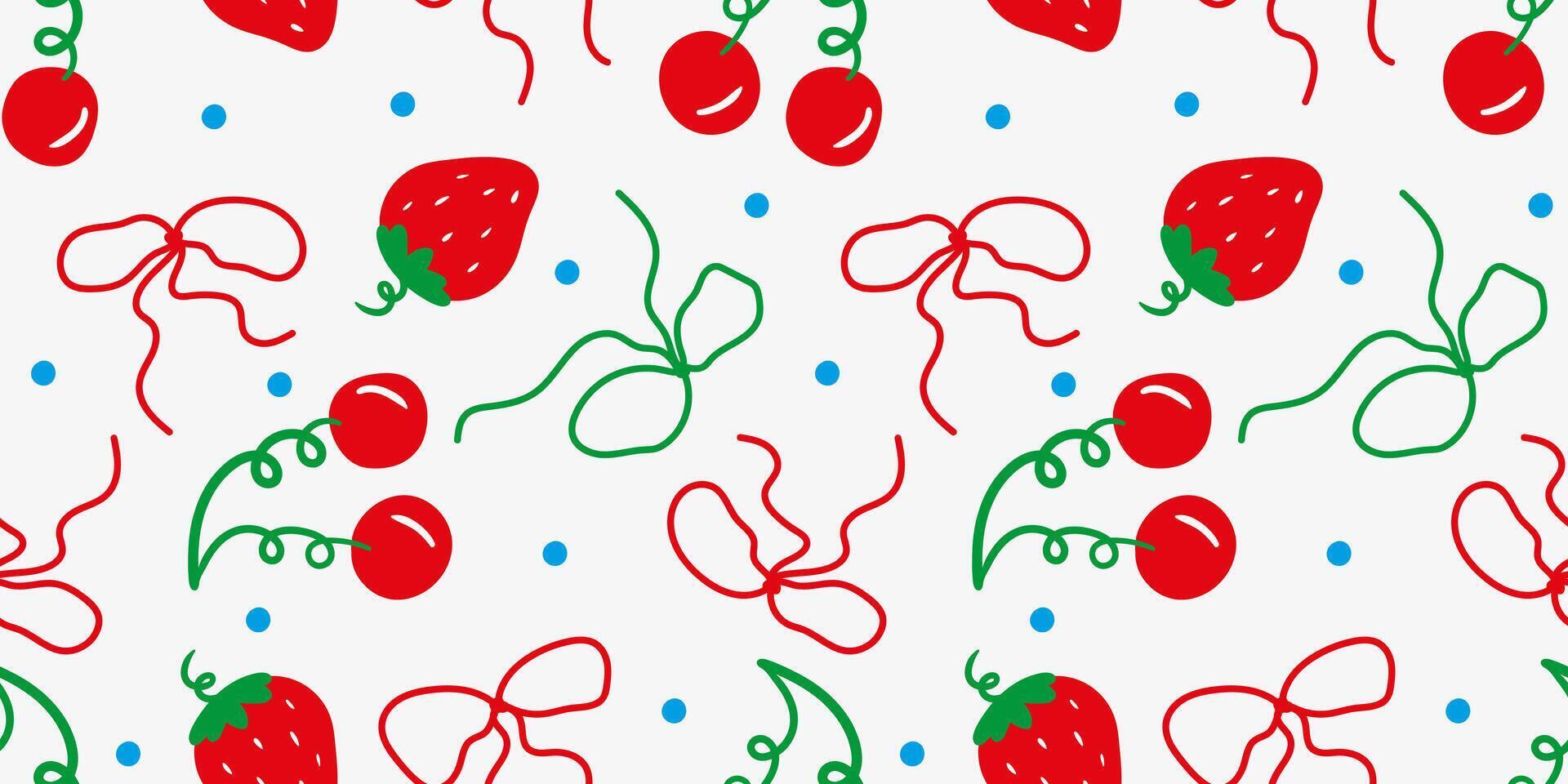 summer background berries pattern seamless design simple bows strawberries cherry elements blue polka dots isolated wallpaper background textile design vector