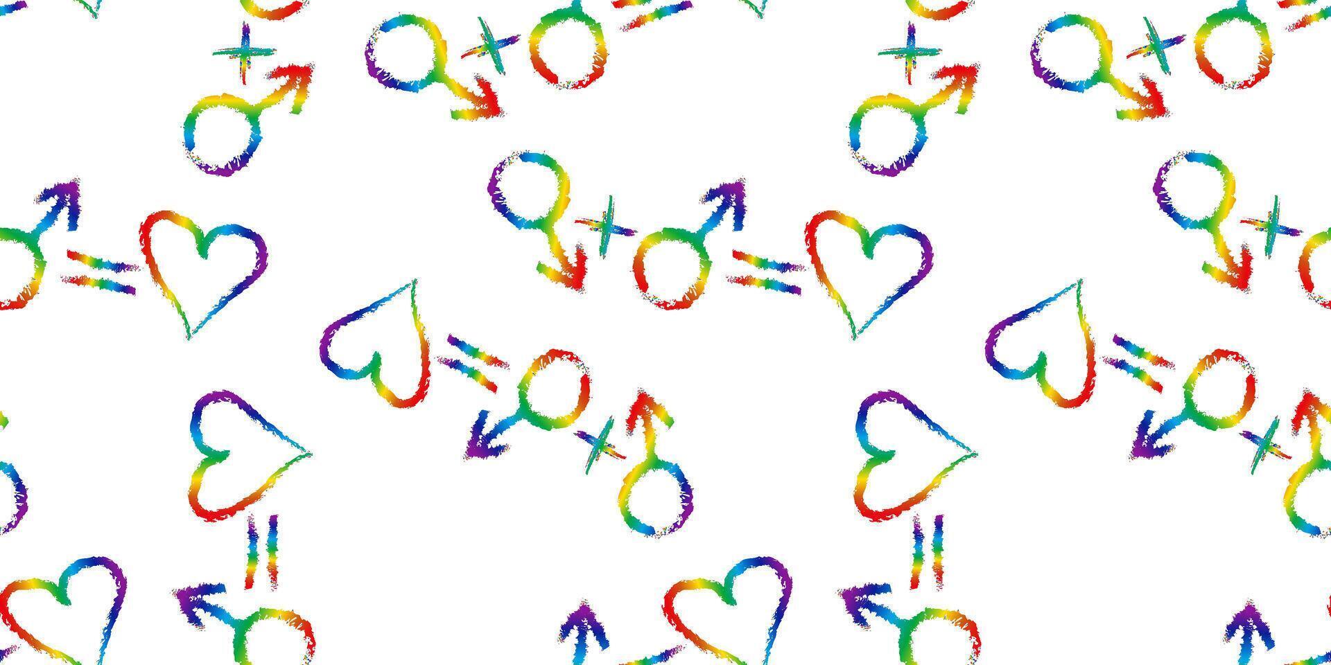 gay love formula lgbt rainbow colors pattern seamless design male symbols heart plus equal signs brush marker drawn on white background vector