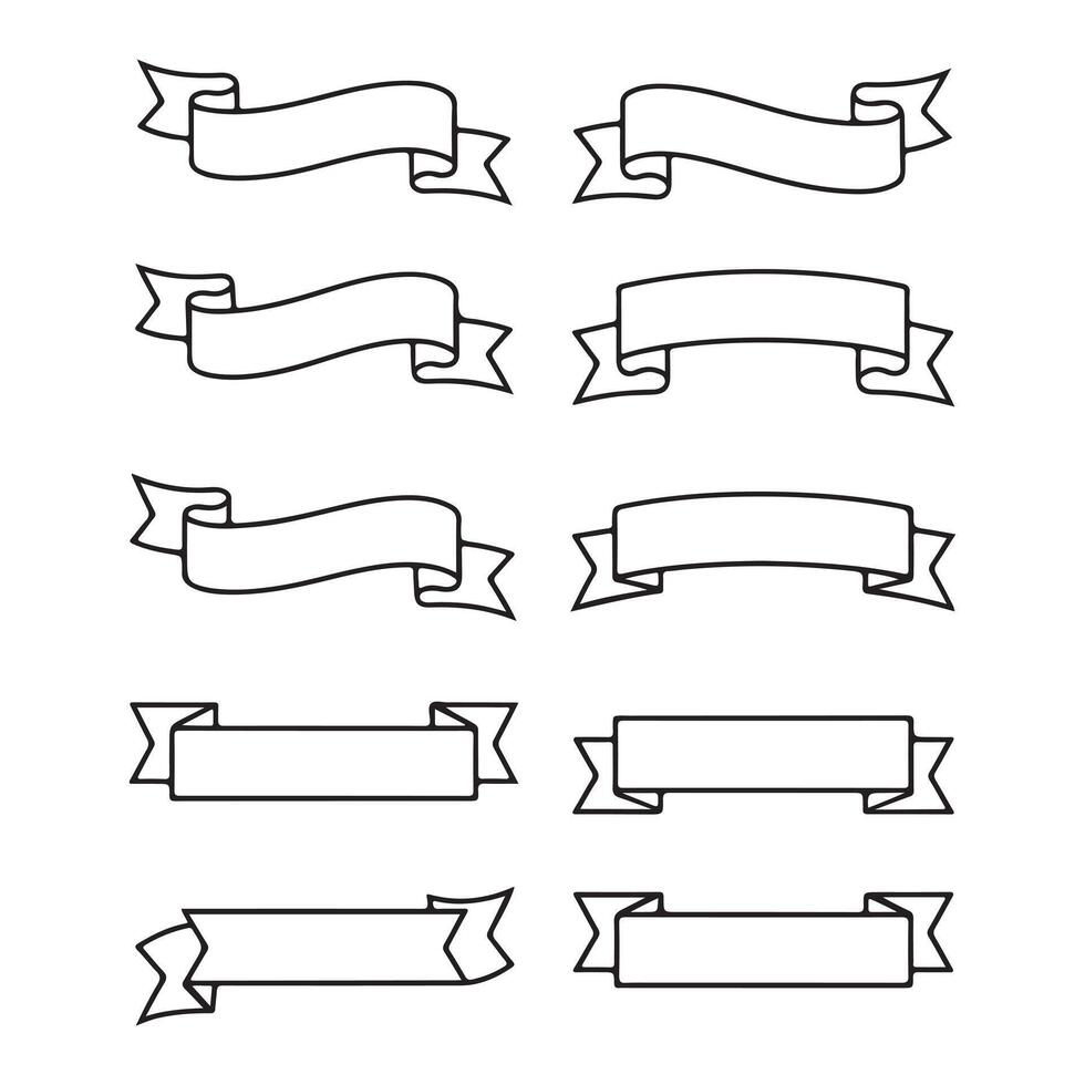 Set of Nine Simple Black Outline Ribbons vector