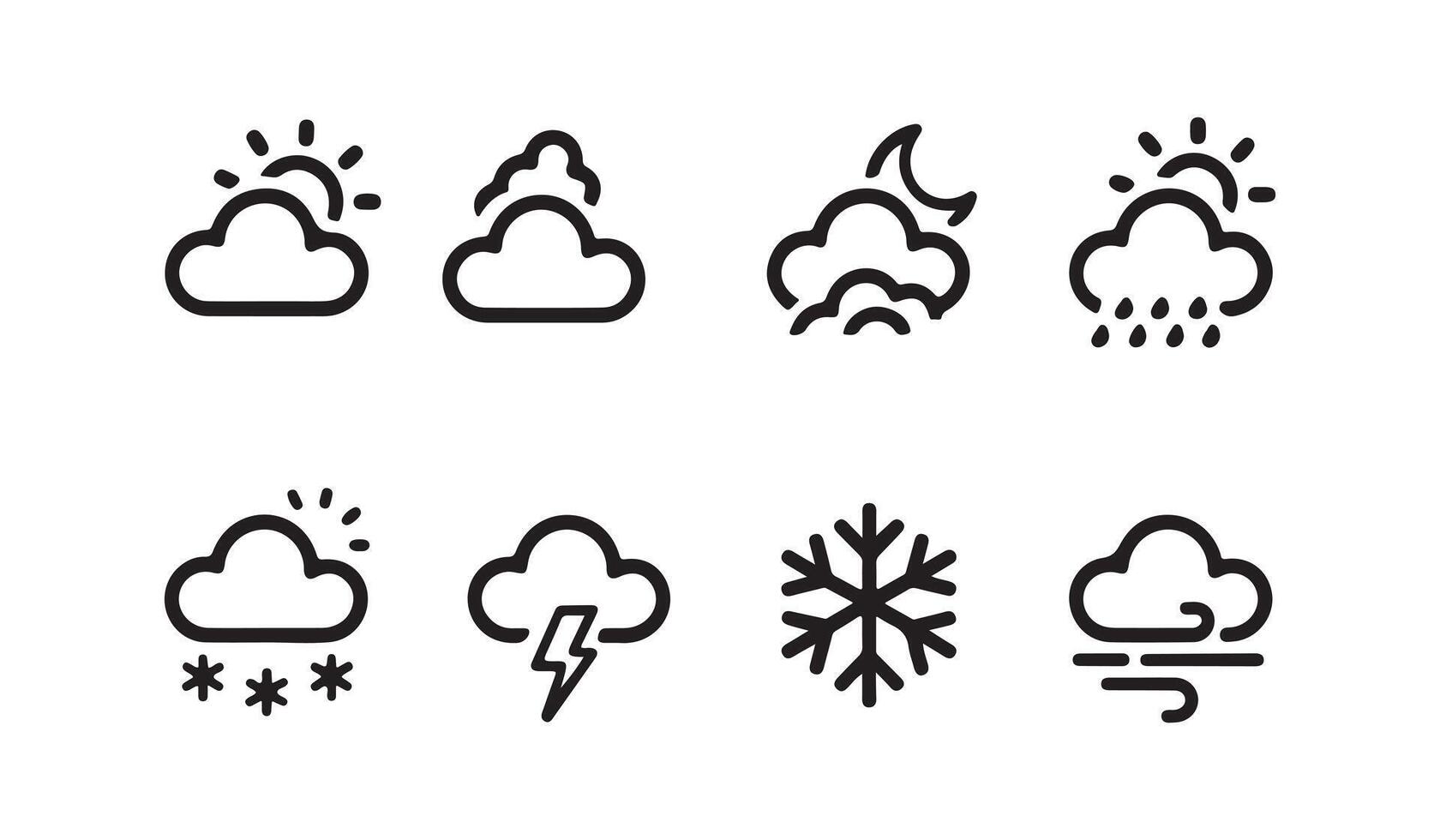 Simple black line weather icons set for various conditions. vector