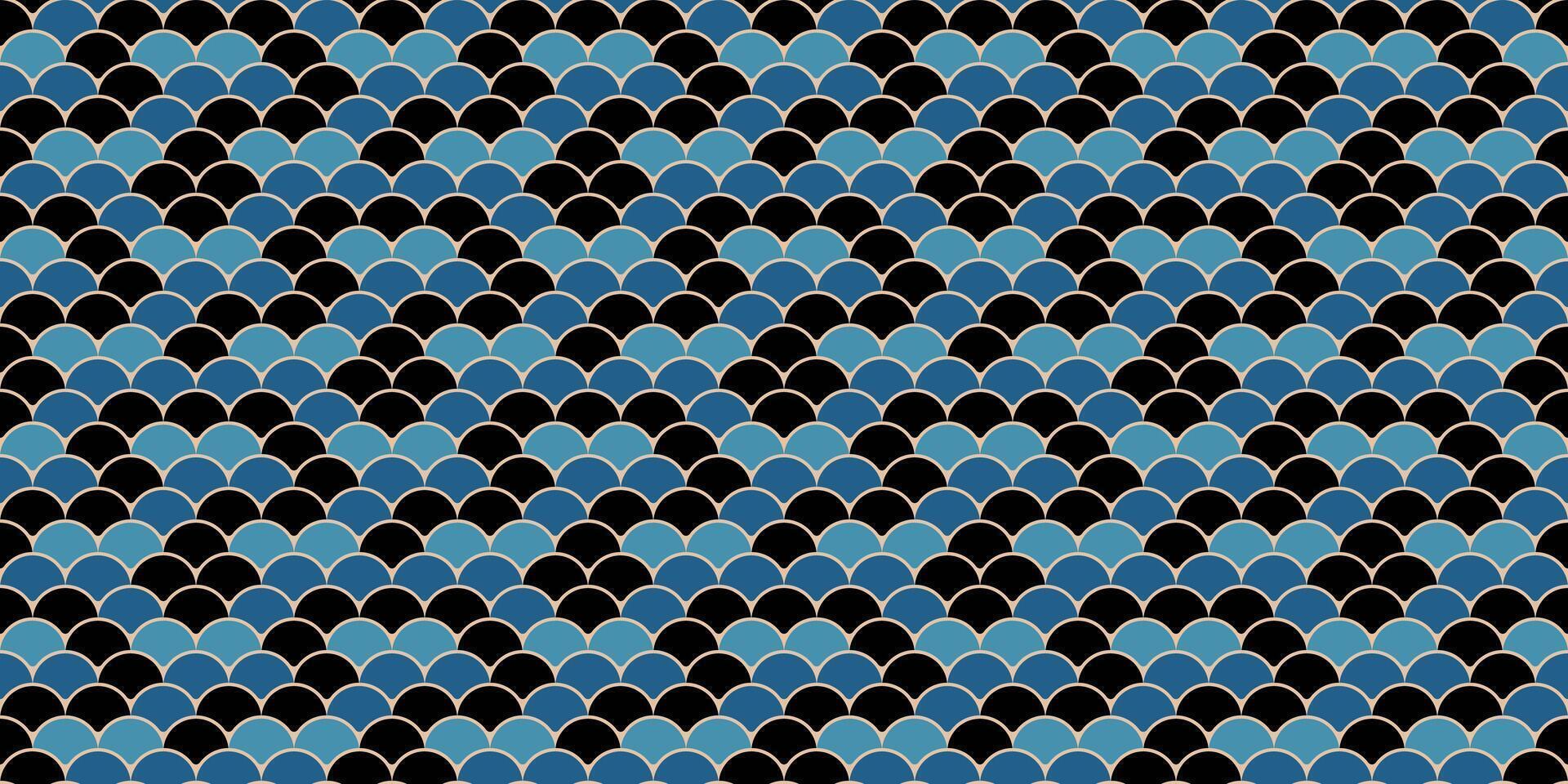 Elegant seamless pattern of overlapping blue scales on black background. Perfect for textile design, website backgrounds, or art deco inspired projects. vector