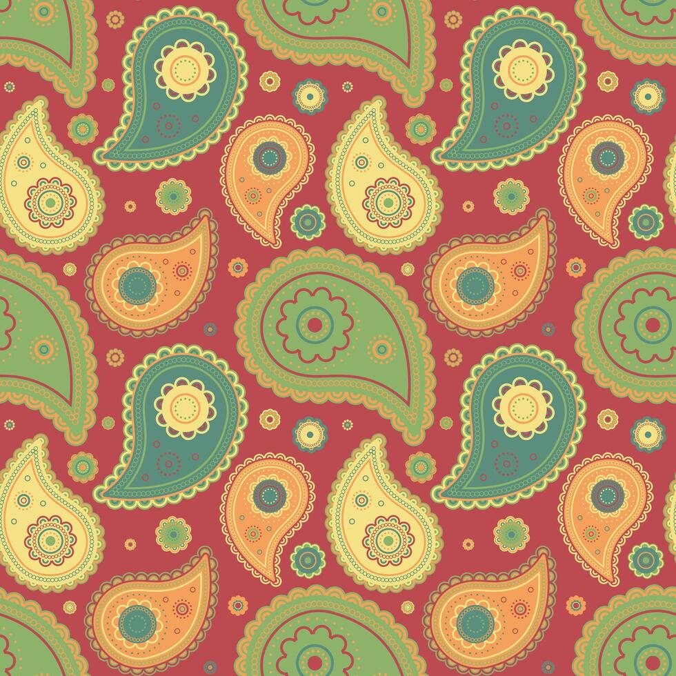A colorful paisley pattern on red background vector