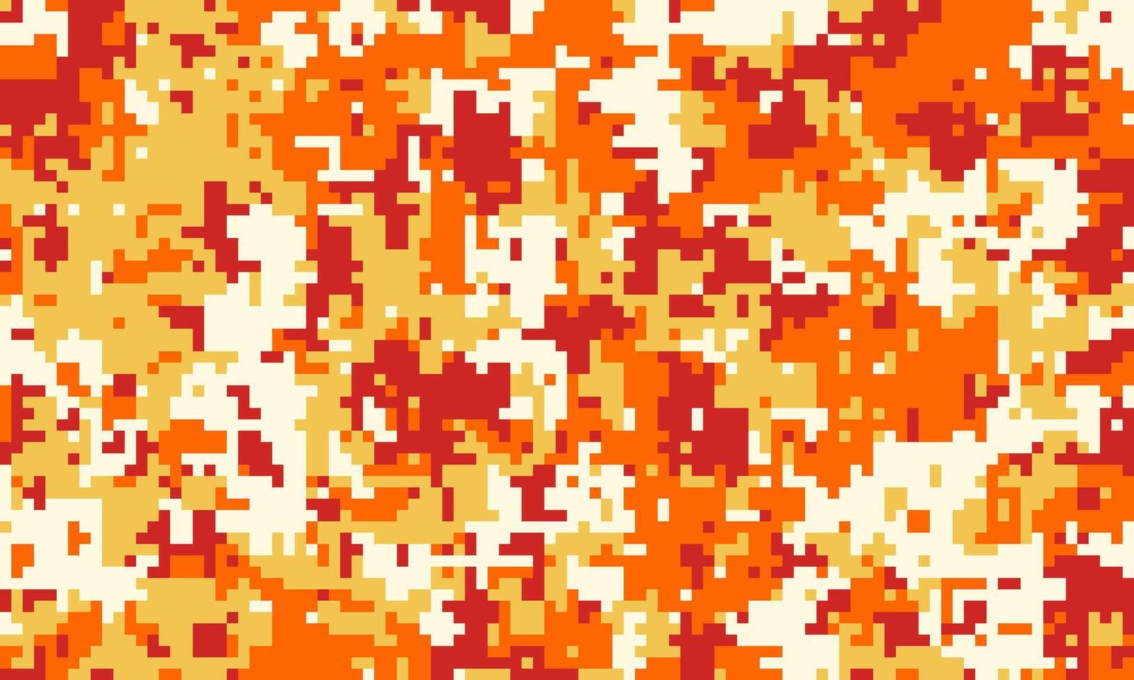 Abstract pixelated camouflage pattern in fiery orange, red, and white. Perfect for backgrounds, textiles, or digital designs needing a bold, energetic aesthetic. vector