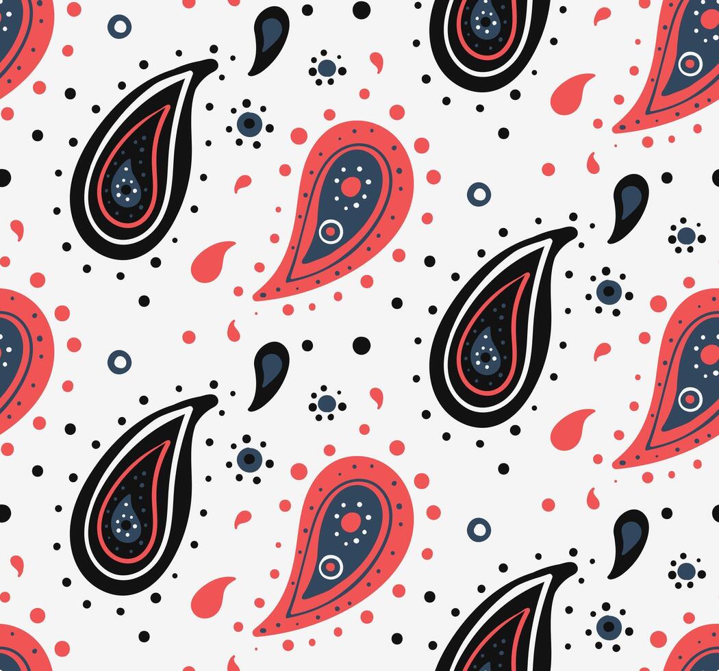 A seamless pattern with red, black and white paisley vector