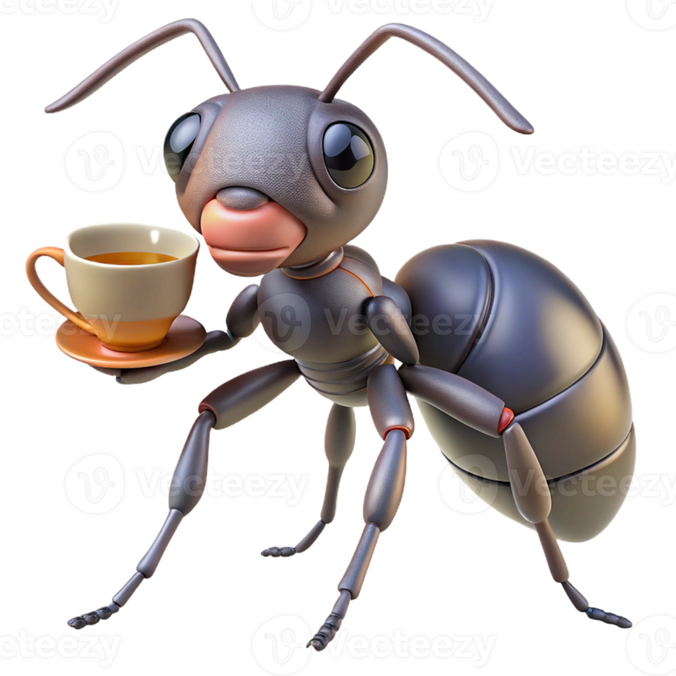 standout geometric Ultra-detailed, hyper-specific, photorealistic render of a single, giant ant holding a miniature teacup with Transparent Background luxury png