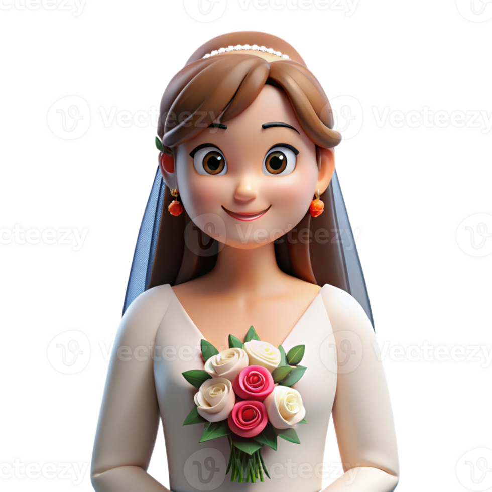 nostalgic striking Bride with veil and bouquet, wedding portrait, with Transparent Background high resolution png