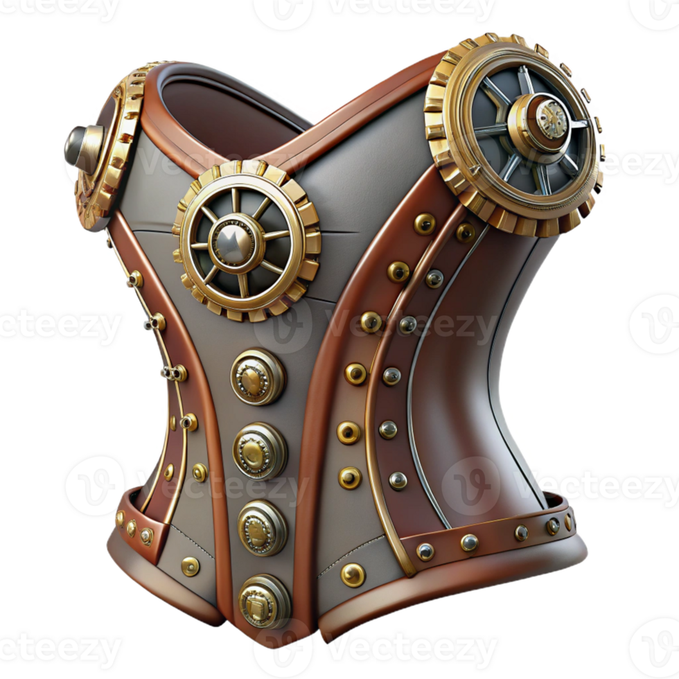 picturesque unparalleled Isolated cutout of a steampunk corset with intricate lacing, gears, and metal plates Photorealistic, ultra-detailed professional render with Transparent Background png