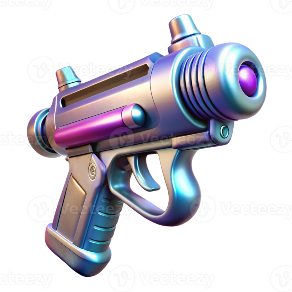 rare avant-garde Ultra-detailed, concept art style, isolated cutout of a futuristic, laser pistol, chrome finish with Transparent Background elite png