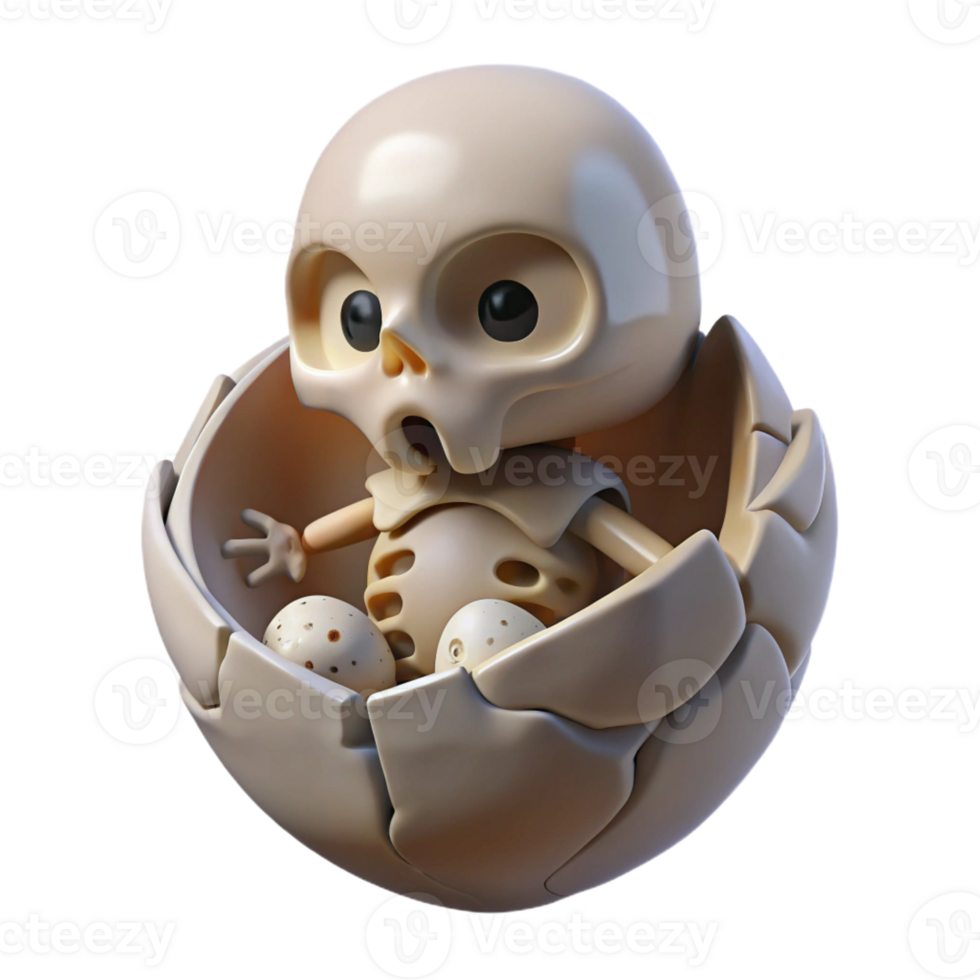 notable contemporary Concept art style, professional render of a floating, cracked eggshell with a miniature human skeleton inside with Transparent Background masterfully captured png