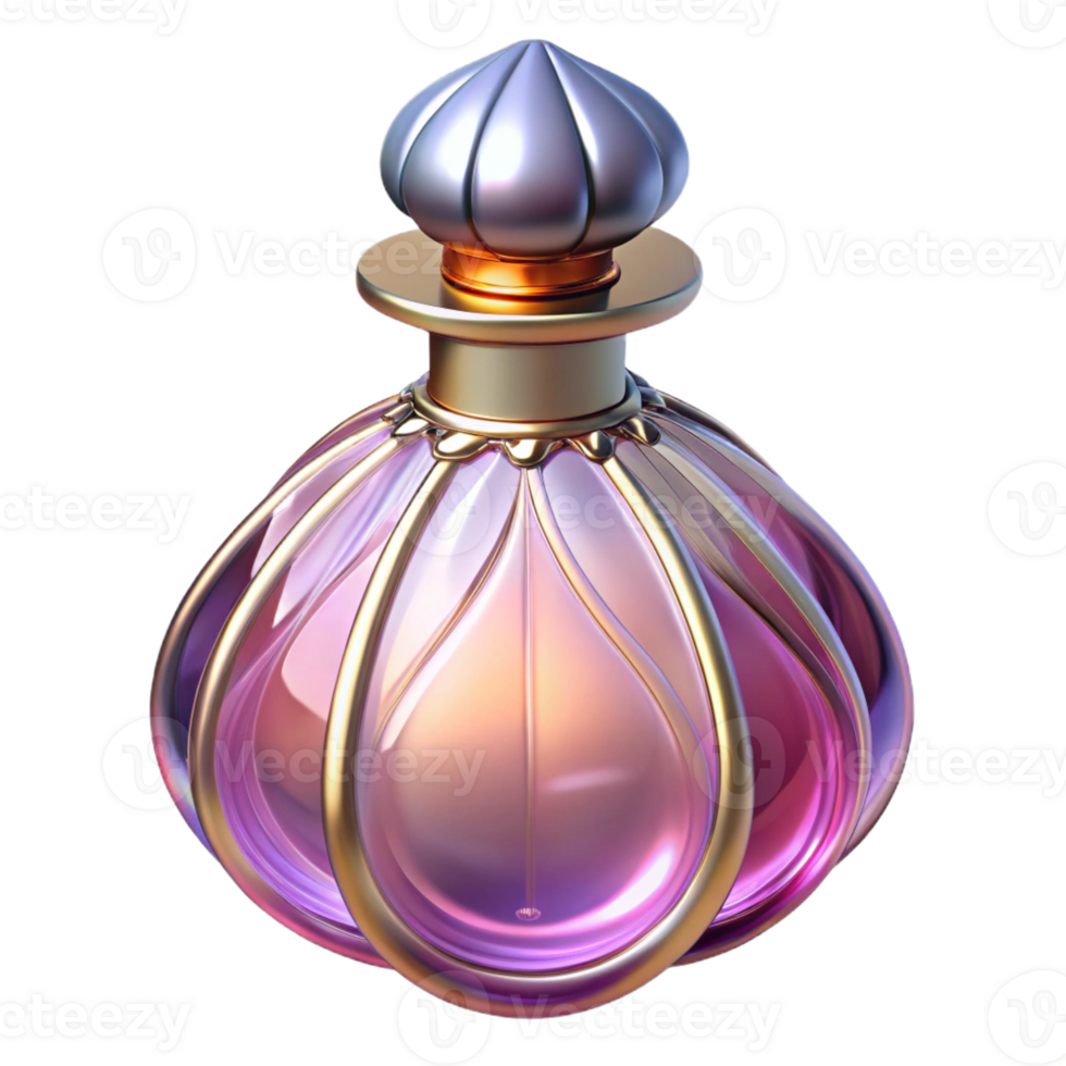 memorable minimalist Photorealistic, professional render, isolated cutout of an Art Nouveau perfume bottle, elegant, curved glass, floral stopper, with Transparent Background perfect clarity png