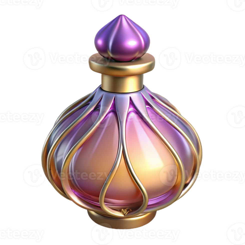 sumptuous passionate coastal Photorealistic, professional render, isolated cutout of an Art Nouveau perfume bottle, elegant, curved glass, floral stopper, with Transparent Background detailed png