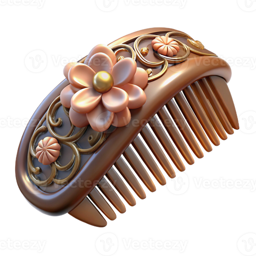 peaceful pristine Photorealistic, professional render, isolated cutout of an Art Nouveau hair comb, tortoiseshell, floral decoration, with Transparent Background flawless png