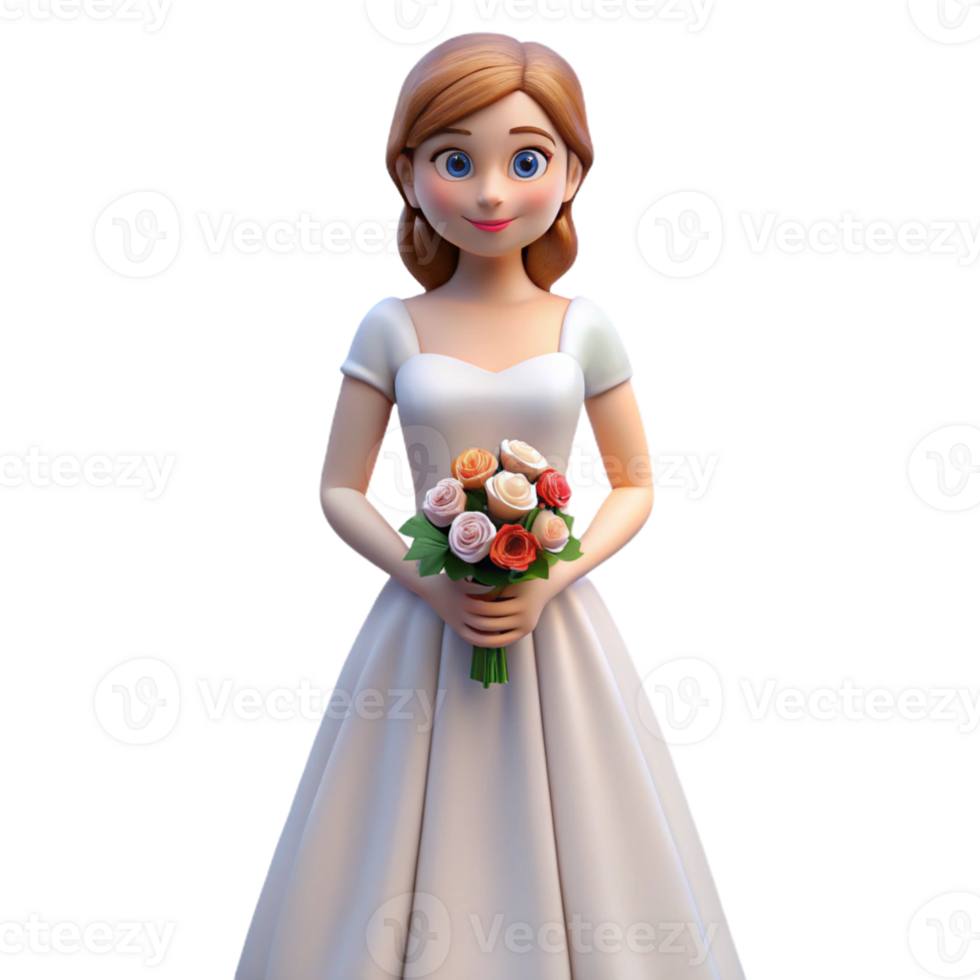 pristine minimalist Bride in white wedding dress with bouquet with Transparent Background perfect clarity png