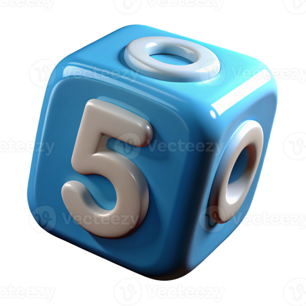 sought-after baroque Professional render of a single dice, showing the number five Isolated cutout with Transparent Background exclusive png