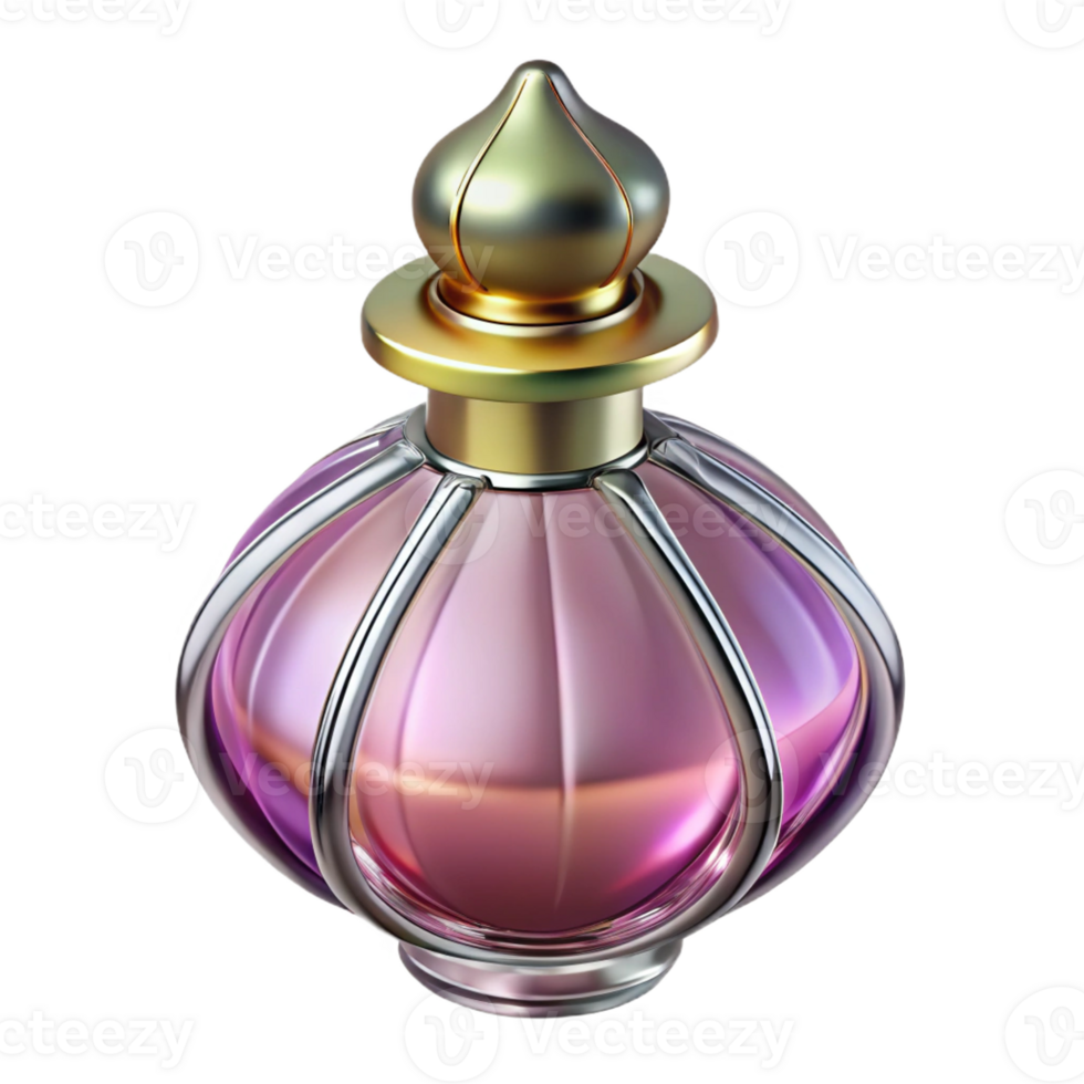 sought-after urban Photorealistic, professional render, isolated cutout of an Art Nouveau perfume bottle, elegant, curved glass, floral stopper, with Transparent Background genuine png