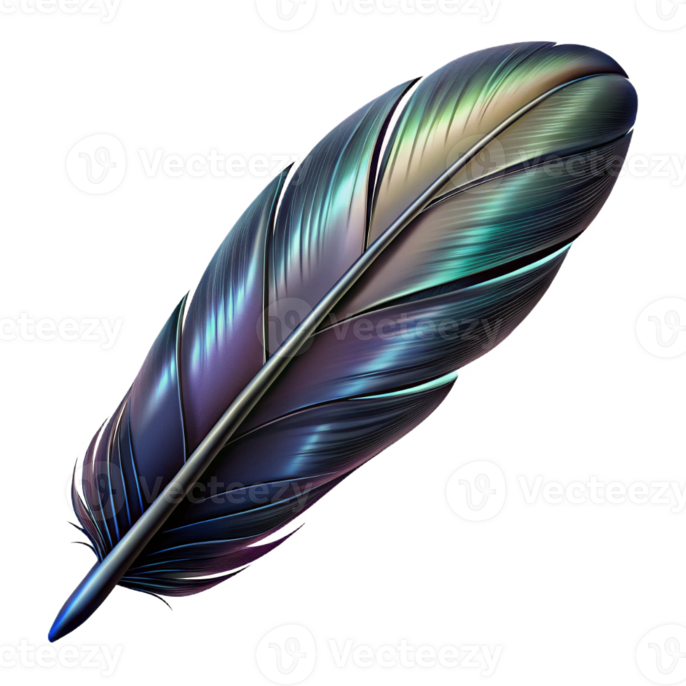 magnificent elegant Hyper-specific, concept art style isolated cutout of a single, ultra-detailed raven feather, black and iridescent with Transparent Background genuine png
