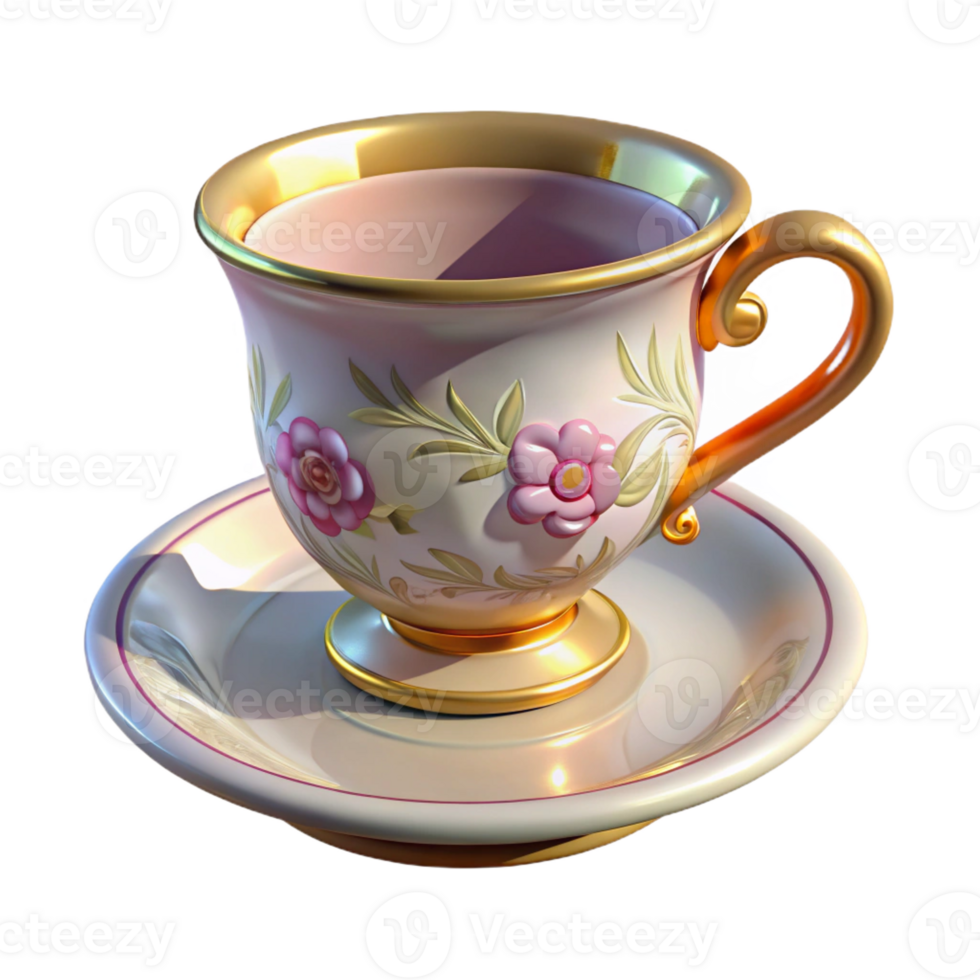 nostalgic wonderful Photorealistic, professional render, isolated cutout of an Art Nouveau teacup, porcelain, floral pattern, gilded rim, with Transparent Background top-tier png