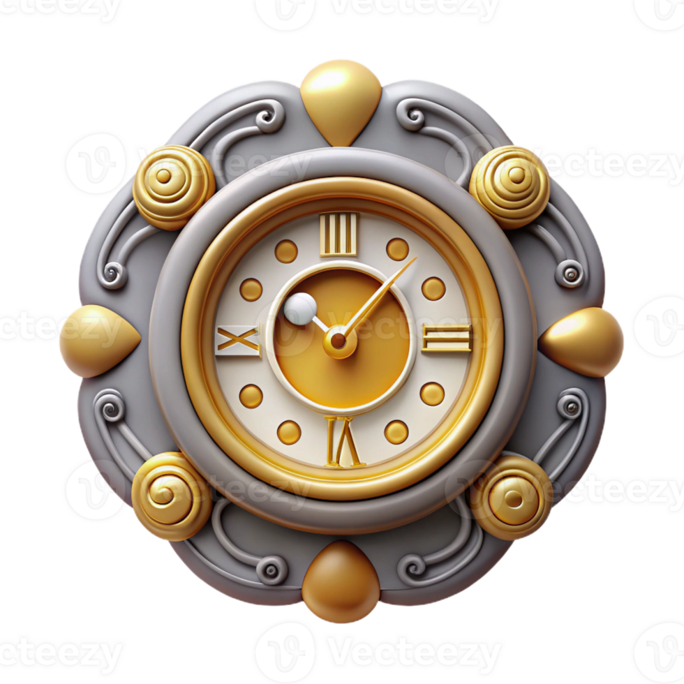 reflective splendid Ultra-detailed concept art style isolated cutout of an Art Nouveau clock face, roman numerals, stylized hands, ornate design, with Transparent Background expertly shot png